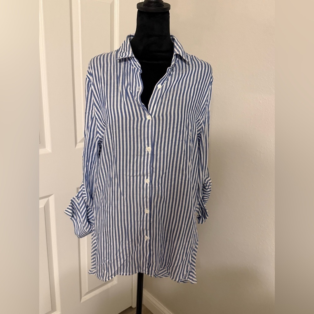 Max Studio Striped Button-Down Long Sleeve Top